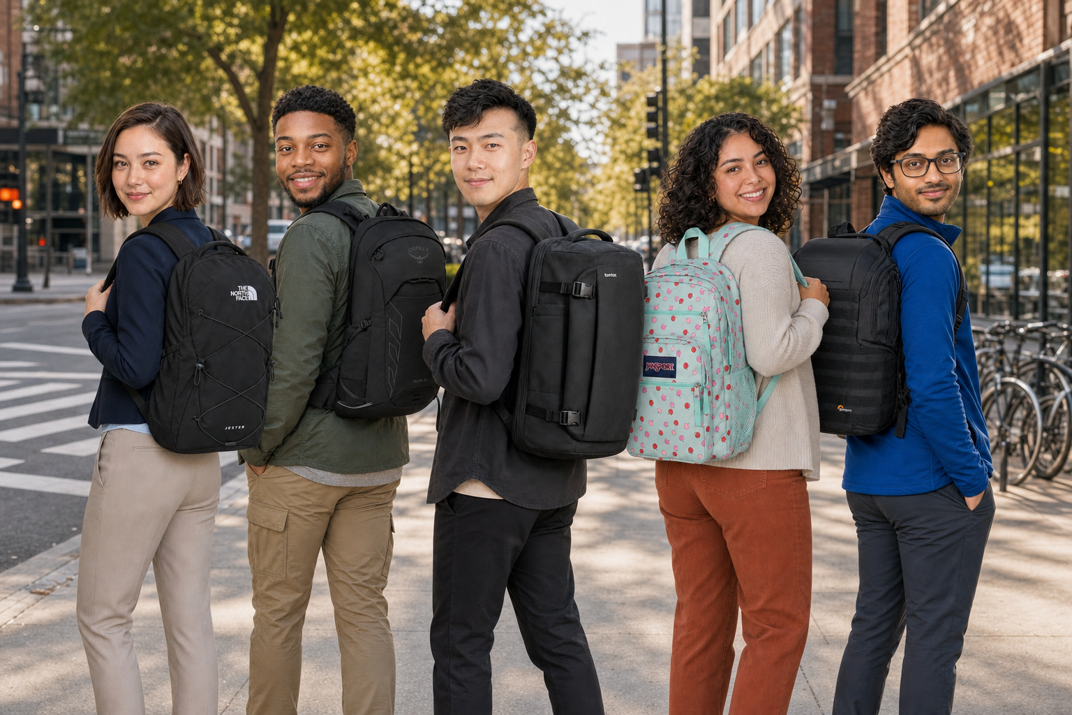 Jane, Brad, Dave, Melanie and Raj wearing their favorite backpacks together on a city street.
